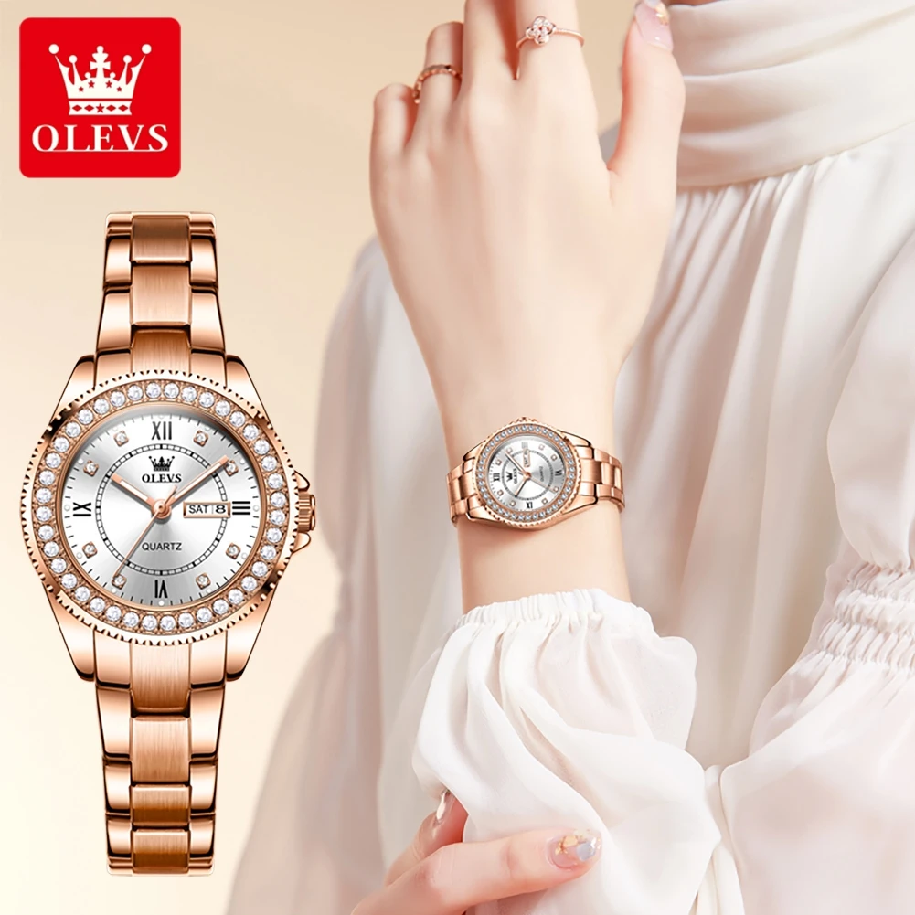 OLEVS Brand Luxury Rose Gold Quartz Watch for Women Stainless Steel Waterproof Week Date Fashion Womens Watches Relogio Feminino