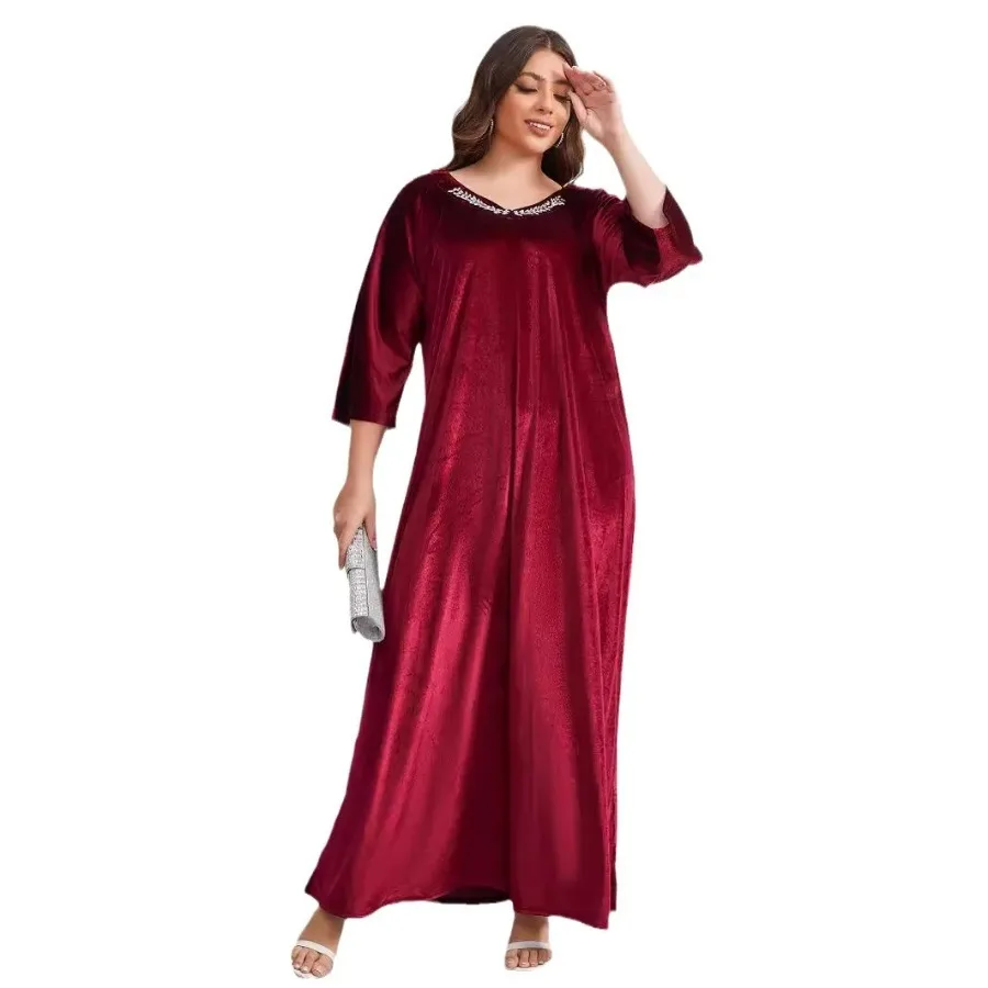Abaya Dubai 2024 Spring Elegant Muslim Women 3/4 Sleeve V-neck Velvet Plus Size Long Maxi Dress Abaya Dress Muslim Fashion Abaya