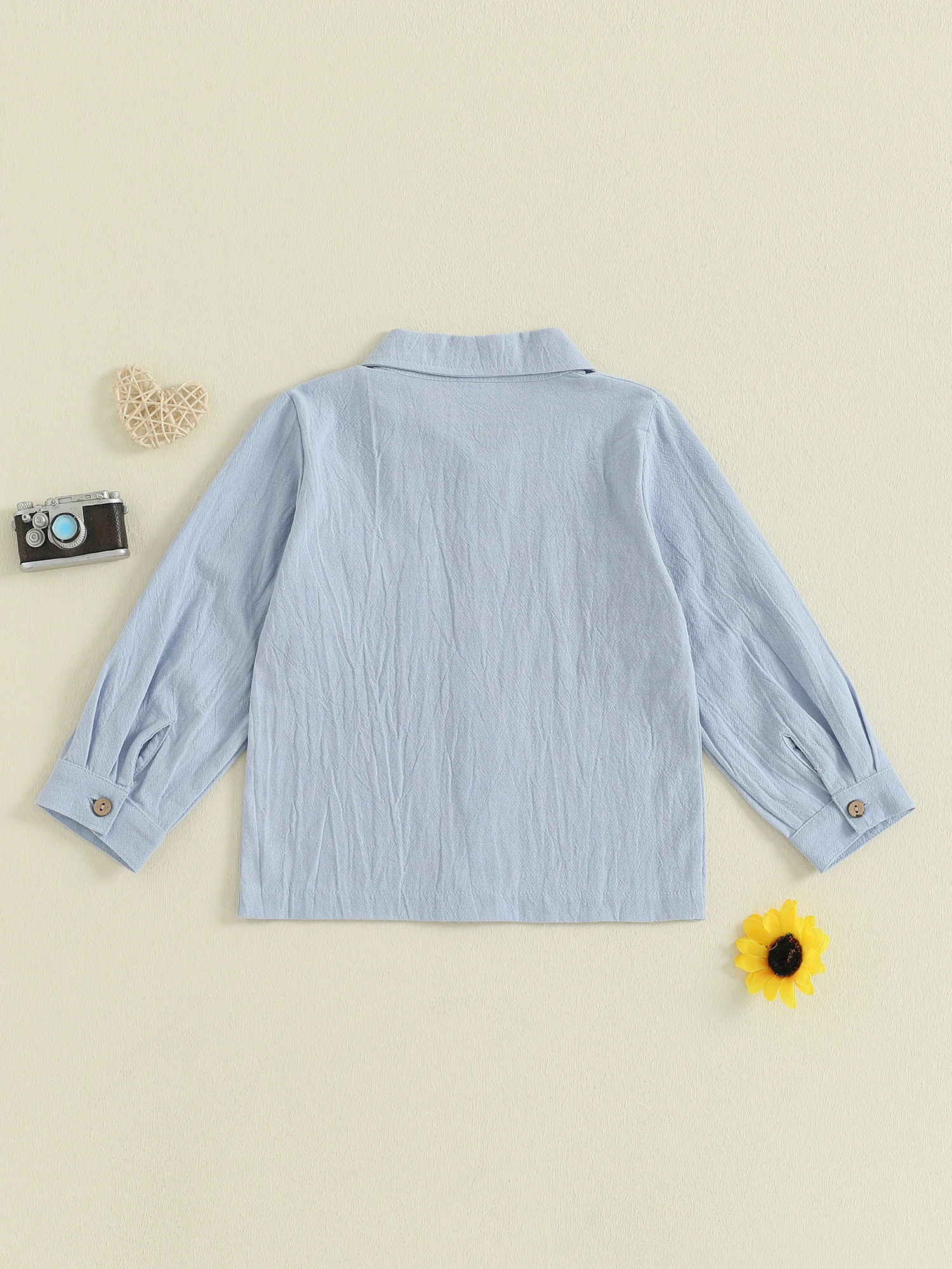 قمصان للأولاد الصغار من عمر 2 إلى 7 سنوات بلون سادة وأكمام طويلة وأزرار سفلية وطية صدر السترة للأطفال الصغار ملابس ربيع الخريف