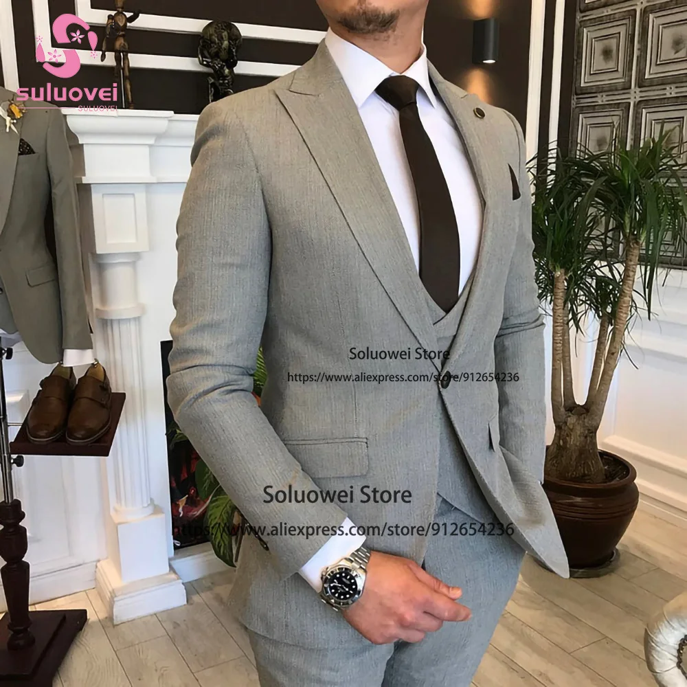 

Fashion Peaked Lapel Business Suit For Men Slim Fit 3 Piece Jacket Vest Pants Set Male Office Blazer Formal Groom Wedding Tuxedo