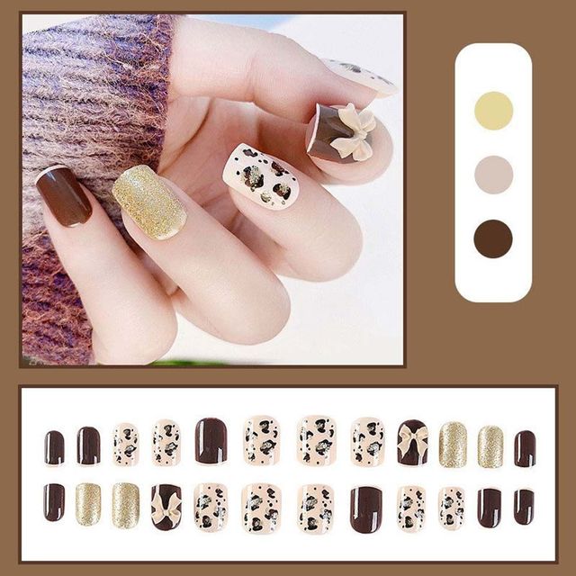 on False with Designs Set Bowknot Cartoon Animal Decal Fake Nails Art Heart Point Full Cover Artificial Short Nail Tips