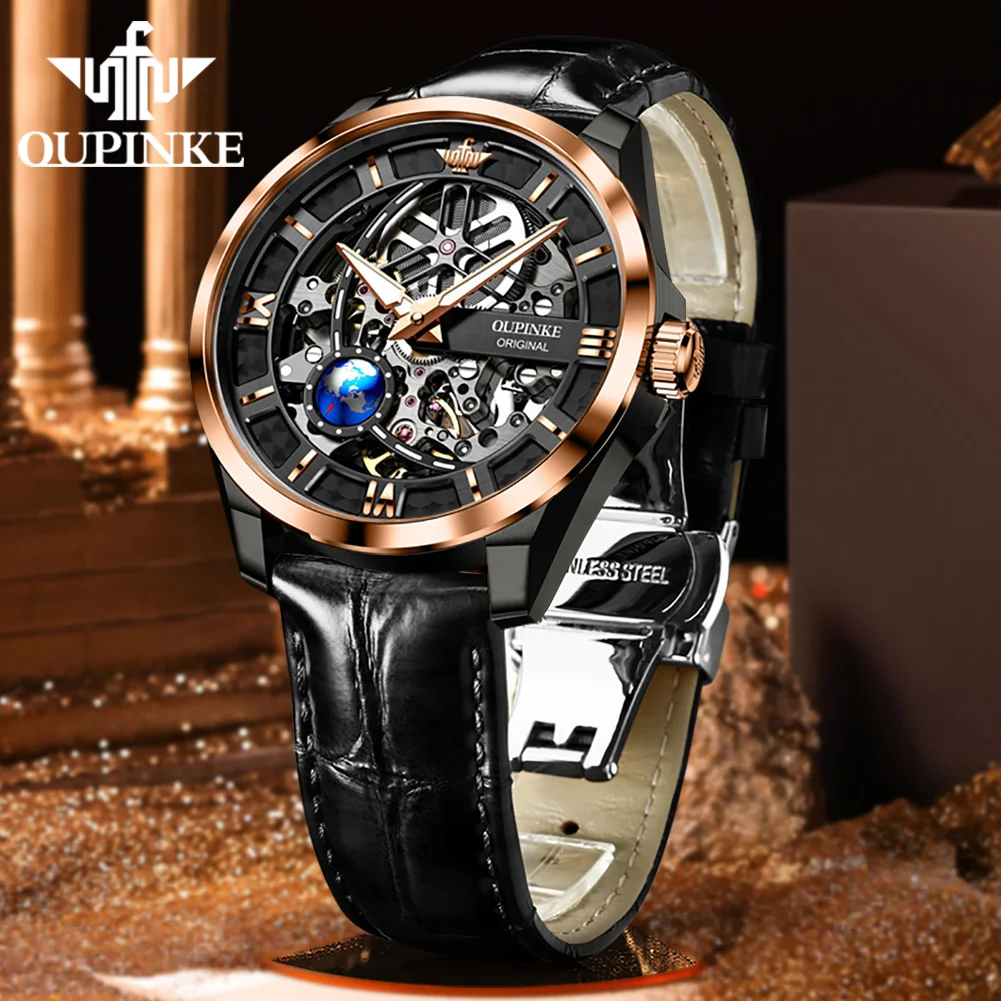 OUPINKE 3268 Man Automatic Watch Top Brand Hollow Deep Waterproof Mechanical Watch For Men Luxury Original Leather Wristwatch