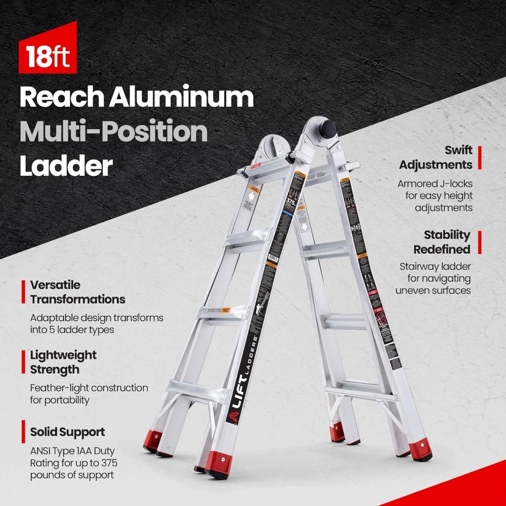 18 Foot Reach Adjustable 5 in 1 Multi Position Lightweight Aluminum Hinge Step Ladder with Armored J Locks