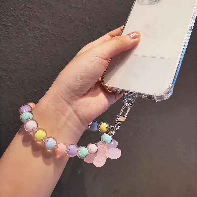 Universal Phone Case Anti-lost Lanyard Key Short Wrist Pendant Crystal Macaron Round Bead Pendant Women Hand-held Chain Lanyard