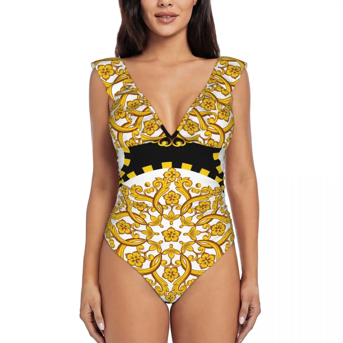 

Swimwear Women One Piece Swimsuit Barocco Golden Swimming Bikinis Push Up Monokini Sexy Ruffle Bathing Suit