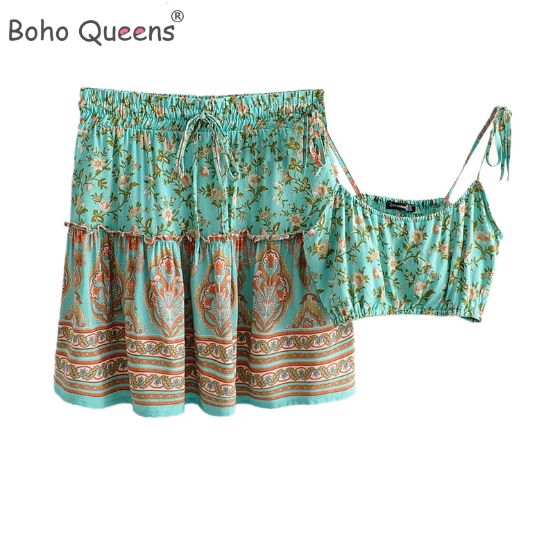 Bohemian Sleeveless Tied Back Floral Print Cropped Tank Top And Mini Skirt 2-Piec | ChicGrl