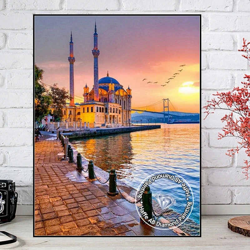 Religious Ortak&ouml;y Mosque And Bosphorus Bridge Istanbul Turkey Landscape Diamond Painting AB Drills Cross Stitch Home Decor
