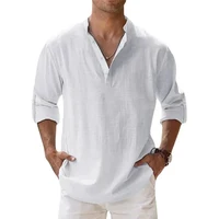 Streetwear Men Lightweight Shirts Long Sleeve Henley Cotton Linen Shirts for Men Beach Hawaiian Shirts Breathable Collar Tshirts 2