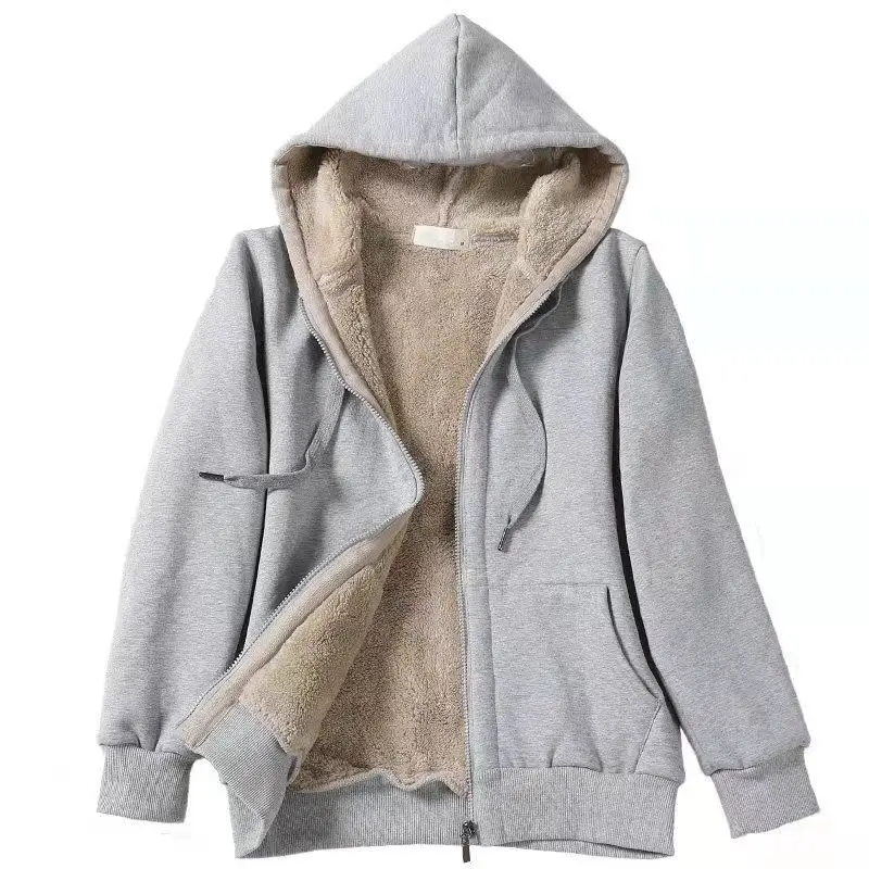 Winter Cashmere Women's Hoodie Tops Solid Plus Size Cotton Zipper Cardigan Cashmere Thickened Casual Coat Sweatshirt