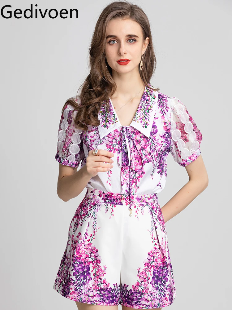 

Модные Дизайнерские летние костюмы Gedivoen с шортами, женские рубашки и шорты с отложным воротником и цветочным принтом с бусинами, комплект из двух предметов
