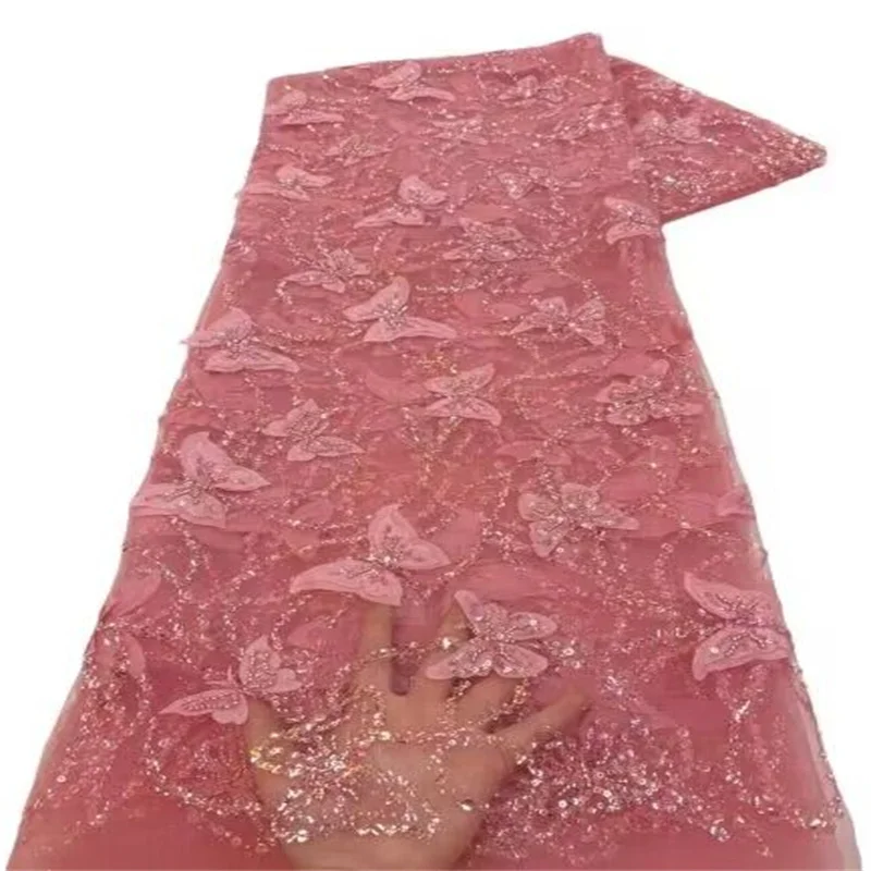 

African Beads Lace Fabric High Quality Embroidery 2023 Pink French Tulle Lace Nigerian Sequins Lace Fabric For Wedding Wholesale