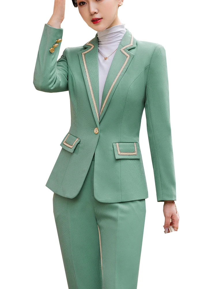 

Fashion Ladies Blazer Pant Suit Women Apricot Black Green Khaki Female Business Work Wear Jacket and Trouser Formal 2 Piece Set
