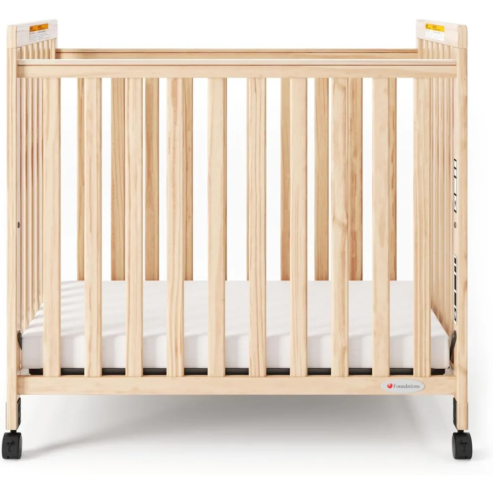 SafetyCraft Clearview Compact Daycare Crib, Durable Wood Construction, Non-Marking Casters (2 Locking), Includes 3” InfaPure 4