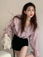 Spring 2025 New Korean Sle Women's Long Sve V-Ne Chiffon Ruffle Trim irt Top Sweet Floral Splicing Earlet Design