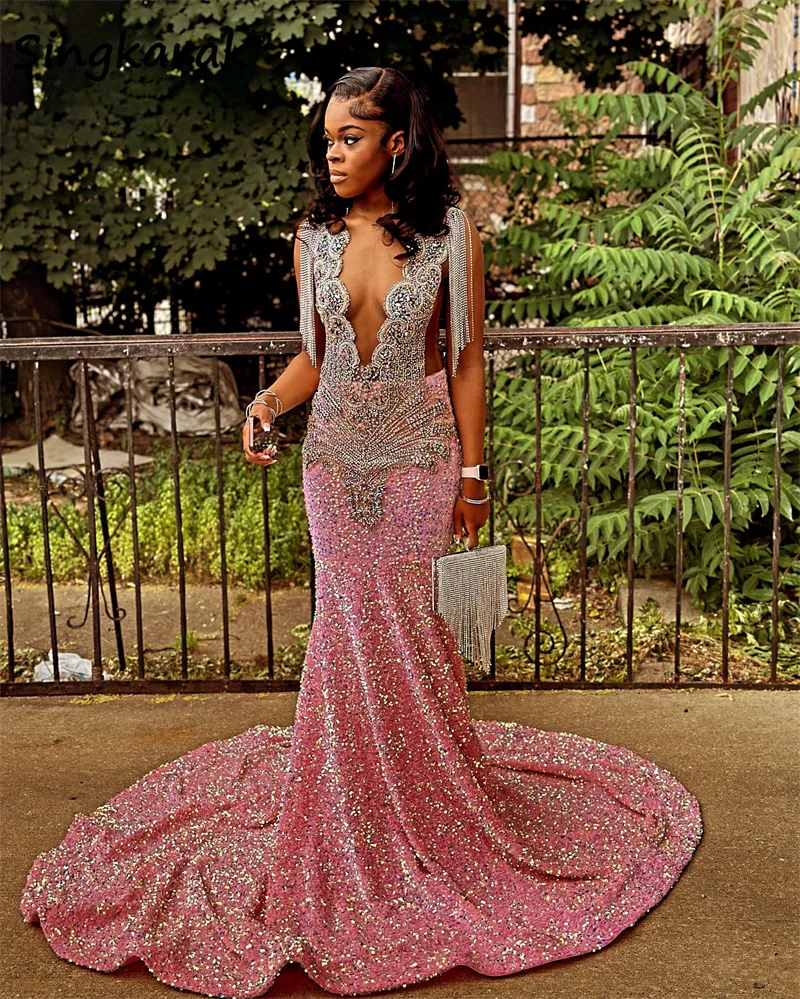 

Sparkly Pink Long Prom Dress 2024 For Black Girls Beads Crystals Rhinestones Tassels Sequins Gown Evening Gowns Birthday Party