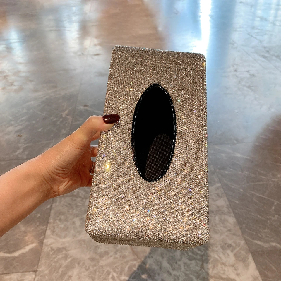 Leather Tissue Box with Rhinestones Car Container Desktop Napkin Toilet Holder Storage Case Home Living Room Paper Dispenser 5