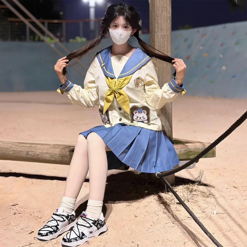 Cute Kindergarten Jk School Uniform for Girls Bear Sailor Suit Blue Pleated Skirt Japanese Student Anime Cos Costumes