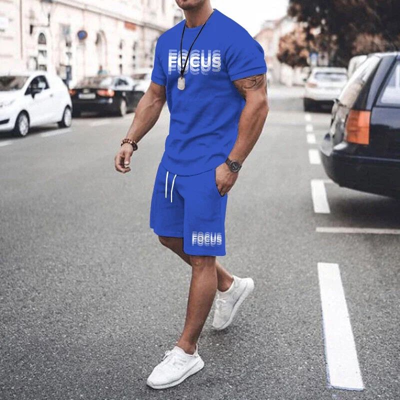Plus Size Men's Casual Graphic 2Pcs Outfits Fashion Letter Print Short-Sleeve T-Shirt Shorts Set for Summer Men's T-Shirt Set 4