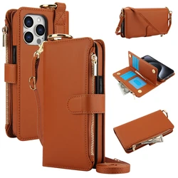 Premium Zipper Wallet Phone Case with Multifunction Card Holder and Flip Cover Strap - iPhone 12 Pro (Brown)