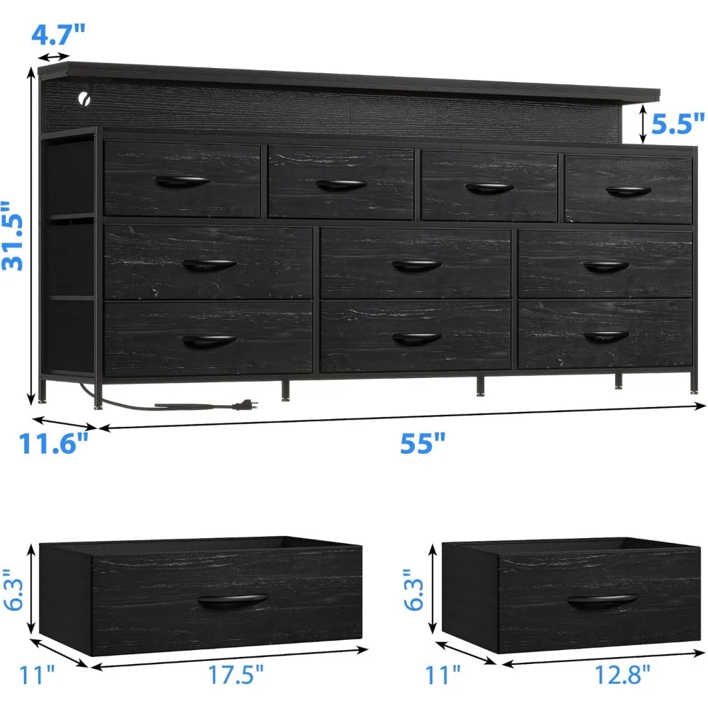 55" W Dresser for Bedroom with 10 Drawers Long Dresser with LED Lights & Power Outlets Wide Dressers Bedroom Dresser Metal Frame 3