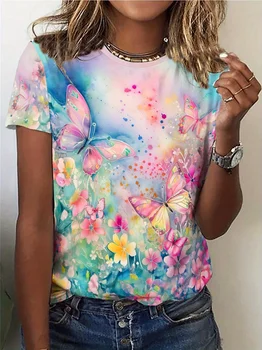 Women's Tee - Pink Butterfly & Floral Watercolor Graphic, Soft Dreamy Garden Design for Casual Daily Wear 1