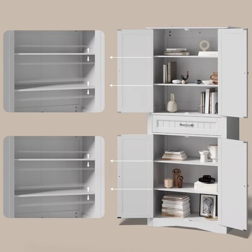 71'' Kitchen Pantry Storage Cabinet, Freestanding Cupboard with 4 Barn Doors and 4 Adjustable Shelves, Kitchen Cabinets