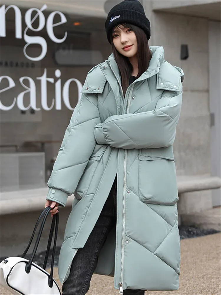 

Winter Coat Women Bean Green Loose Hooded Bread Clothing 2023 New Fashion Thick Warmth Long Cotton Coat