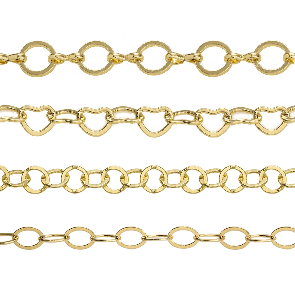 

Brass Real Gold Plated Cable Chain, Circle Link 6mm Flat Heart Chains For Diy Bracelet Necklace Anklet Jewelry Making Supplies