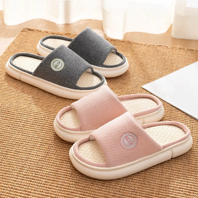 Couples Home Cotton Linen Slippers Women Indoor Bedroom Soft Slides Comfortable Men House Shoes Non-slip Breathable Flats 2