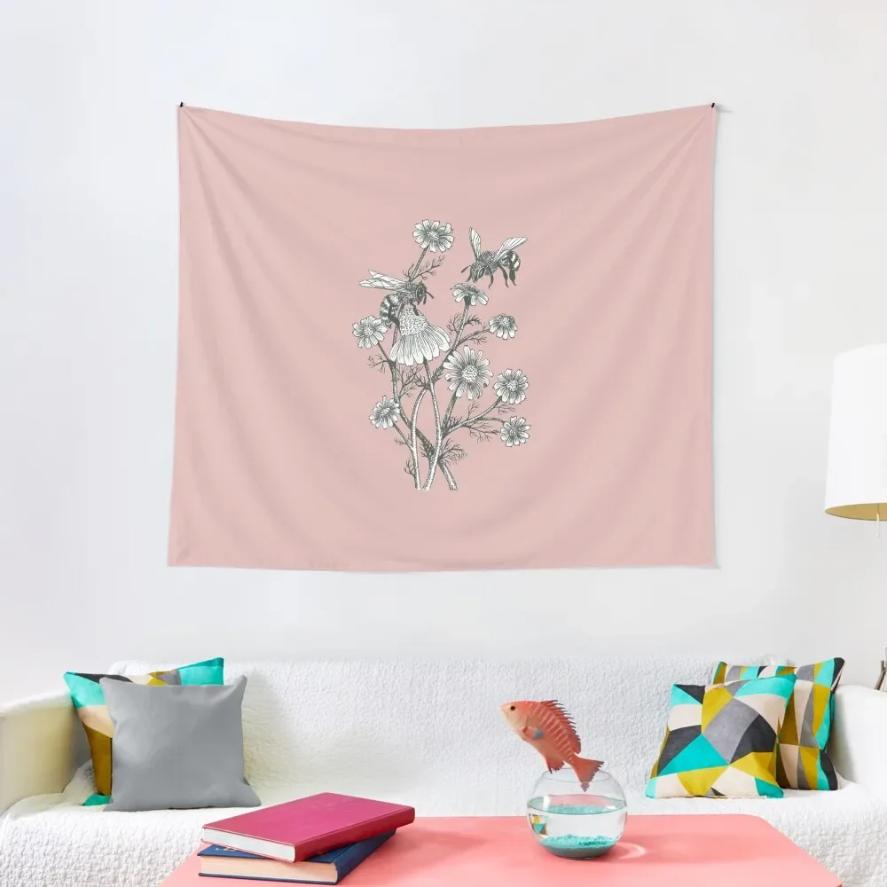 

bees and chamomile on dusty pink background Tapestry Outdoor Decor Luxury Living Room Decoration Mushroom Wall Art Tapestry