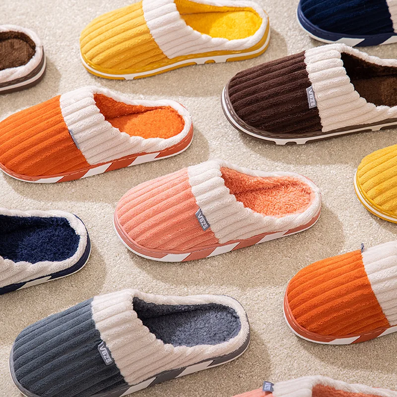 Winter Slippers Stripe Corduroy Warm Cotton Slippers Home Wear-Resistant Non-slip Indoor Slides Couple Women Shoes