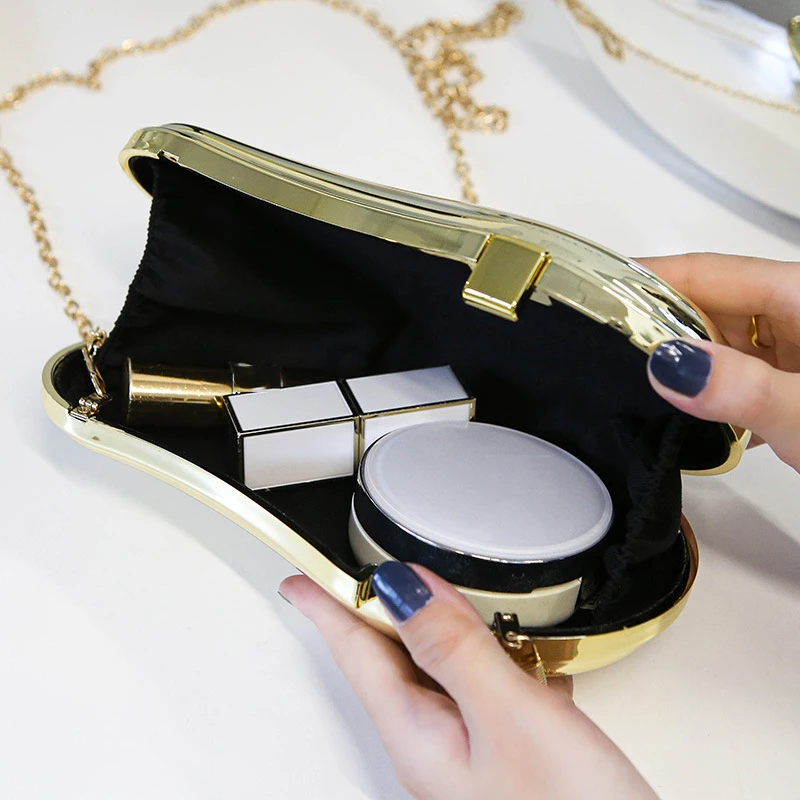 Creative Metal Mango Shaped Clucth Bag for Women Luxury Chains Box Shoulder Crossbody Bags Glitter Evening Party Purses 2024