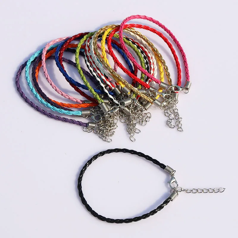

100pcs Leather Charms Bangle 18cm Braided Rope Multicolor Bracelets Fit Women Men Adjustable Clasp Bracelet Friendship Jewelry