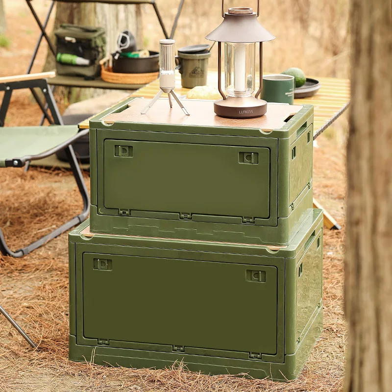 Camping Folding Box Outdoor Car Home Storage With Wooden Lid Side Openable