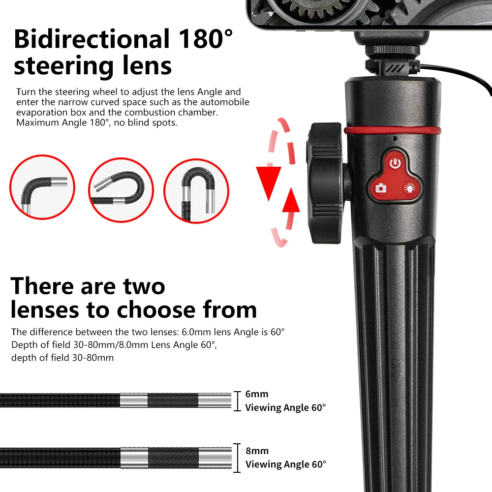6mm 렌즈 360 학위 2 웨이 로터리 관절 산업용 내시경 카메라 자동차 수리 검사 내시경 6 LED 안드로이드 IOS