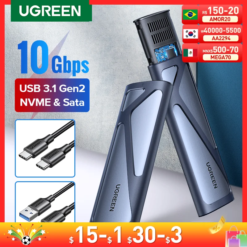 Ugreen-ssd Caixa Adaptadora com Protocolo Duplo Nvme Sata M.2 para Usb tipo c 3.1 Nvme Pcie Ngff Sata Ssd Disk Box
