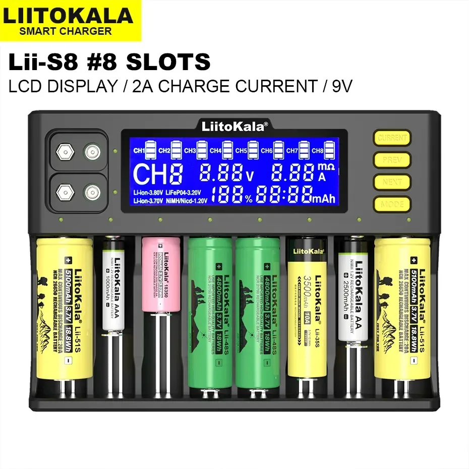 

Original LII-S8 8 Slots LCD Display Battery Charger For Li-ion(IMR/ICR) LiFePO4 Ni-MH/Cd AA AAA C 18650 21700 26650 18350 14500