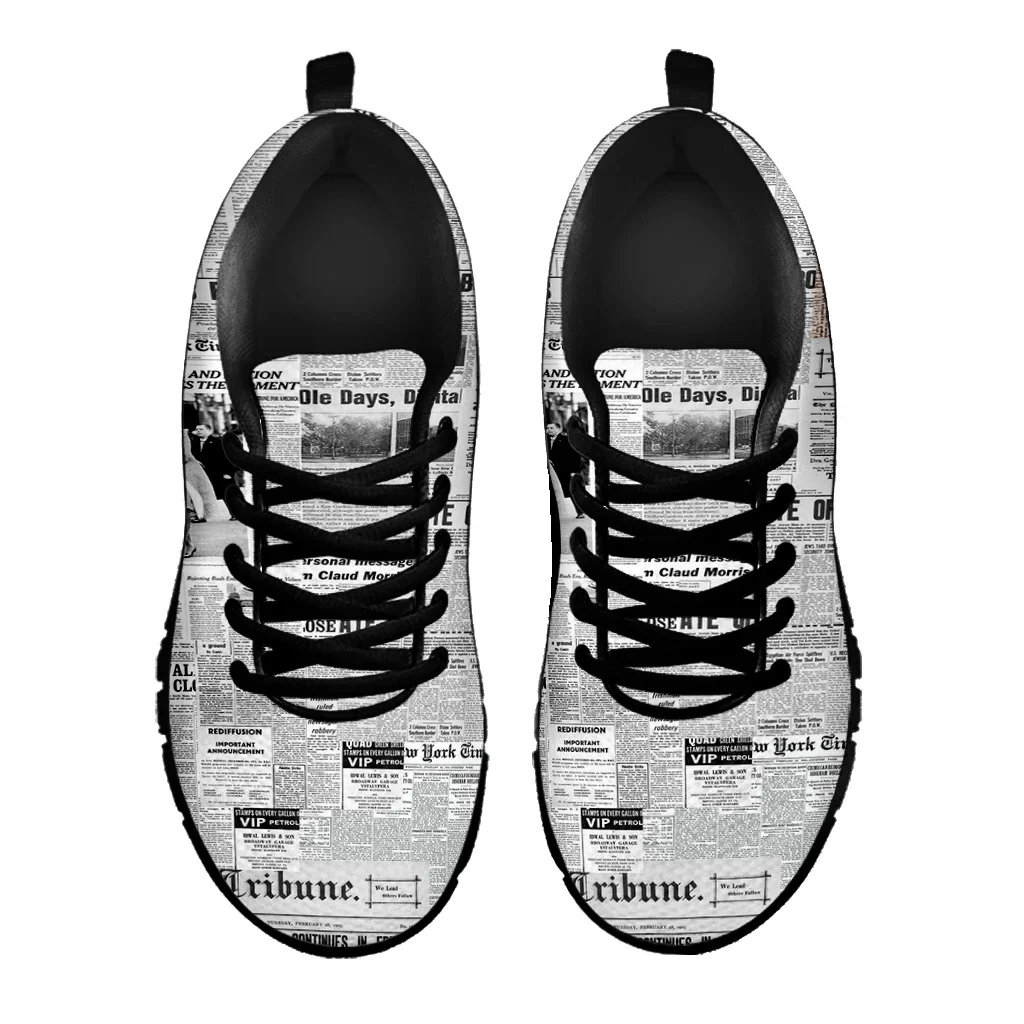 Vintage Newspaper Printing Lace Up Casual Sneaker For Women Fashion Light Walk Flat Shoe Breathable Mesh Footwear