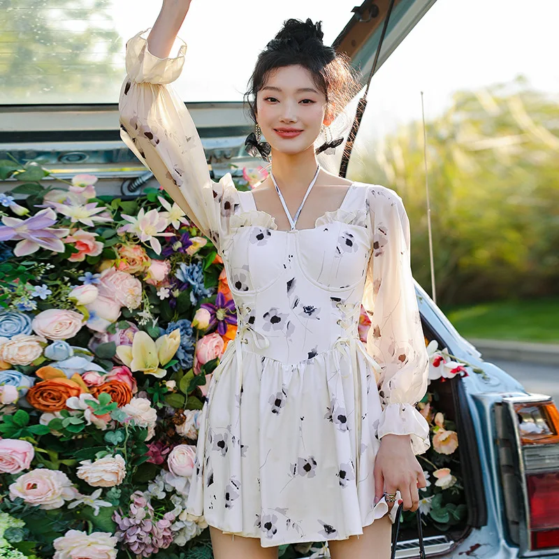 

Wisuwore Korean Version Large Size Swimsuit Women's Conservative Skirt One-piece Long-sleeved Wind-shielded Hot Spring Swimsuit
