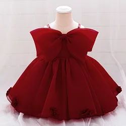 Elegant Pink Big Bow Party Dress for Baby Girls - Perfect for Baptisms, Weddings, and 1st Birthdays (Dark red)