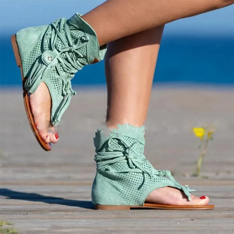 

Foreign Toe Sandals Hollow Toe Tassel Bottom Women's Size Bottom Retro Flat
