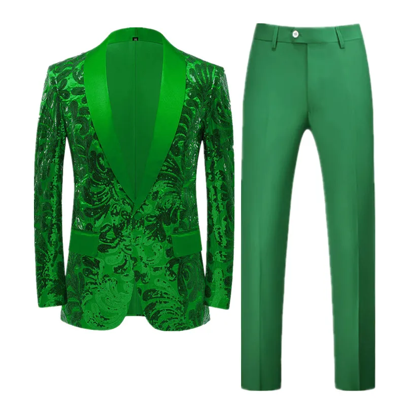 Mens Suit Fashion Men Sequin Suit Gold / Green Men Luxurious Wedding Dance Party Stage Perform Dress Male Blazer Trouser