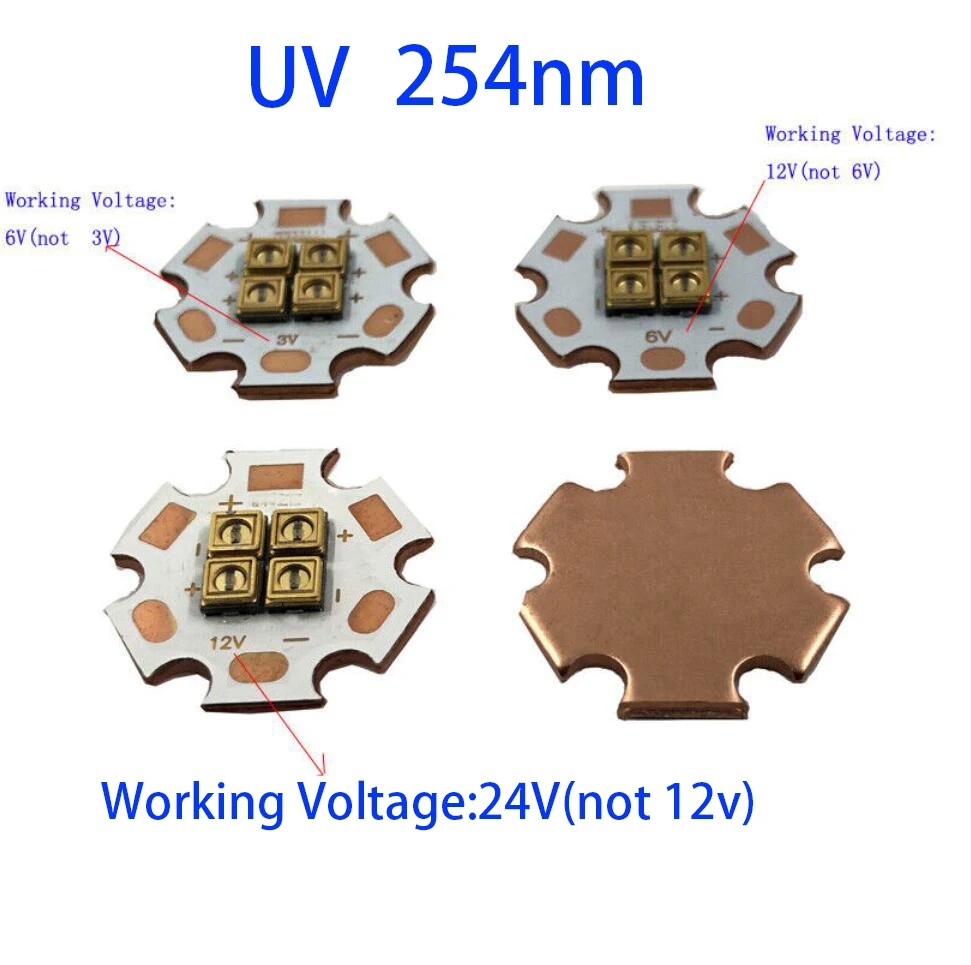 UV 254nm 3V 6V 12V 4 in 1 Deep UVC LED Ultraviolet Lamp Bulb Steriliza Equipment Board With 20mm Copper PCB