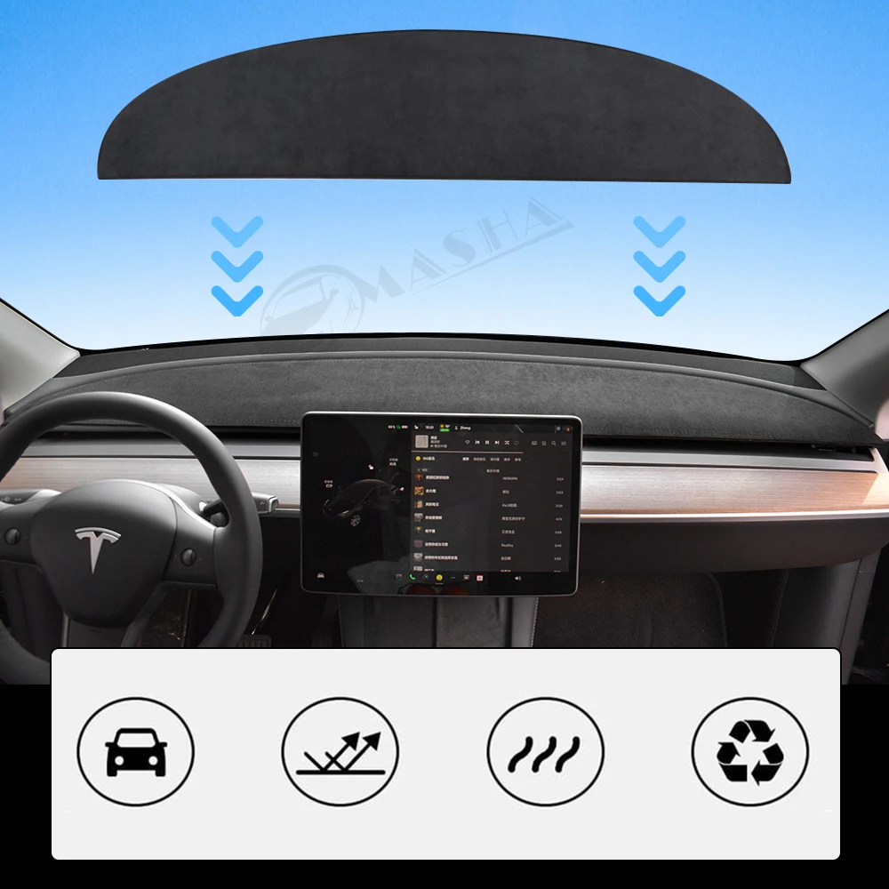 

Suede Leather Dashmat Car Dashboard Cover Pad Dash Mat SunShade Carpet Accessories For Tesla Model 3 Model Y 2017-2021 2022 2023