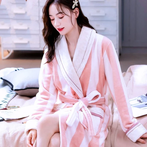 여성용 따뜻한 코랄 플리스 잠옷, 기모노 프린트 플로럴 나이트드레스, 드레싱 가운, 라운지 착용, 호텔 목욕 가운, 겨울 4