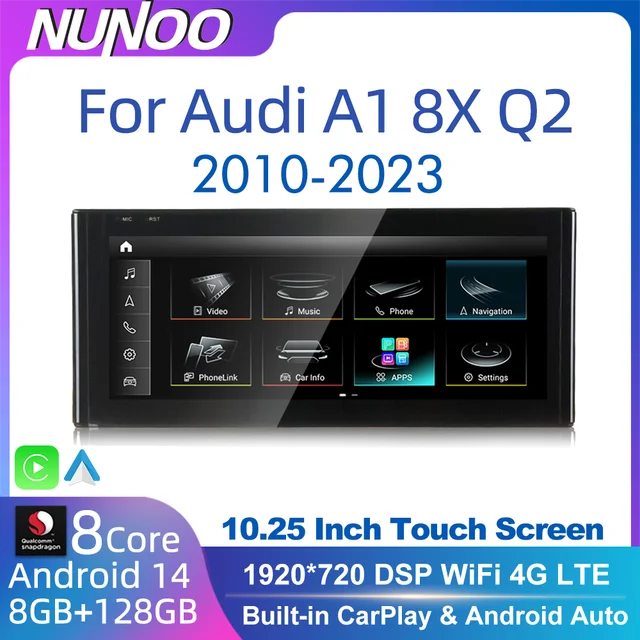Autoradio Android 14 CarPlay pour Audi A1 Q2 2010-2023, lecteur multimédia GPS, Navi, stéréo, DSP, WIFI, SIM, BT, écran tactile IPS 1