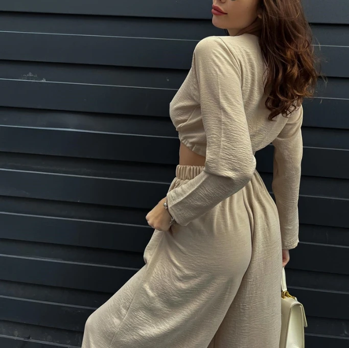 Women's Fashion Solid Lace Up Crop Long Sleeve Top & Wide Leg Pants Set Fresh and Sweet Summer New Casual Women Trousers Outfits
