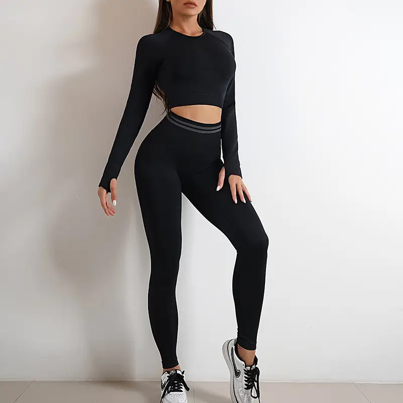 2Pcs Women Autumn Winter Seamless Yoga Set Workout Clothes Long Sleeve Gym Crop Peach Top High Waist Leggings Fitness Sport Suit - Image 6