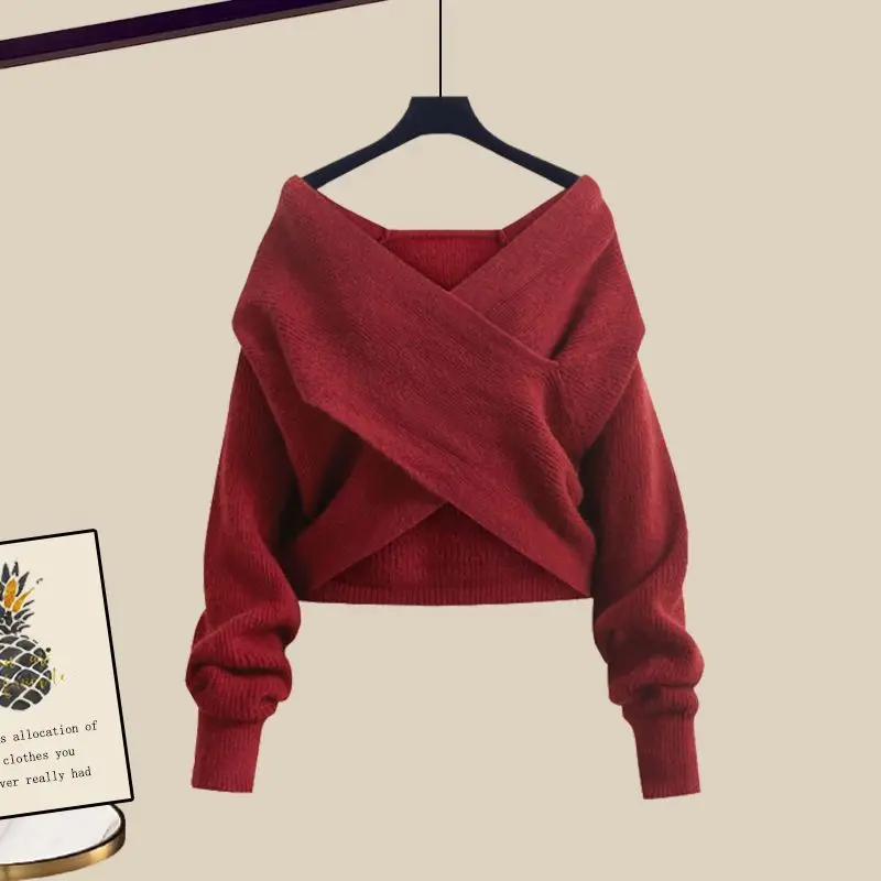 Autumn/Winter Women's Set 2024 New Year Versatile Solid Color Cross Sweater Slim and Versatile Dress Two Piece Set