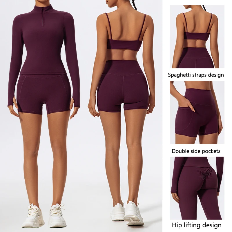 Women Long Sleeve Workout Suit Sports Set Quick-Drying Gym Bra Set Short Tracksuit Running Workout Yoga Clothes